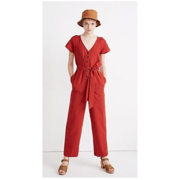 Madewell Red Pleat Sleeve Button Down Linen Blend Jumpsuit Sz 6 - Picture 2 of 10